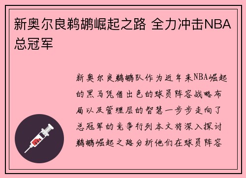 新奥尔良鹈鹕崛起之路 全力冲击NBA总冠军